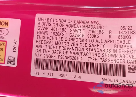 2022 Honda Civic Touring from USA, damaged, VIN 2HGFE1F96NH320161